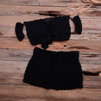 Fashion Beach Bikini Set Knitting Swimsuit Crochet Style Off Shoulder Bathing Handmade Tassels Bikini Bra Two Piece Beach Outfits For Women Crochet Tassels Hollow Out Bikini Bra Top Skirt Cover Up Dress Stevvex