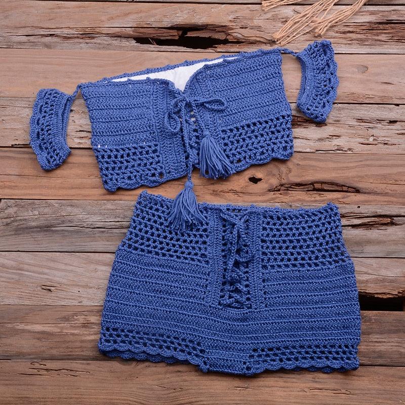 Fashion Beach Bikini Set Knitting Swimsuit Crochet Style Off Shoulder Bathing Handmade Tassels Bikini Bra Two Piece Beach Outfits For Women Crochet Tassels Hollow Out Bikini Bra Top Skirt Cover Up Dress Stevvex