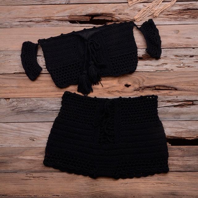 Fashion Beach Bikini Set Knitting Swimsuit Crochet Style Off Shoulder Bathing Handmade Tassels Bikini Bra Two Piece Beach Outfits For Women Crochet Tassels Hollow Out Bikini Bra Top Skirt Cover Up Dress Stevvex
