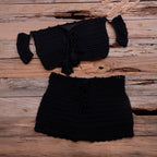 Fashion Beach Bikini Set Knitting Swimsuit Crochet Style Off Shoulder Bathing Handmade Tassels Bikini Bra Two Piece Beach Outfits For Women Crochet Tassels Hollow Out Bikini Bra Top Skirt Cover Up Dress Stevvex