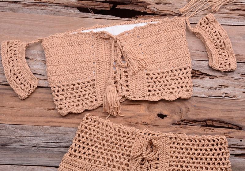 Fashion Beach Bikini Set Knitting Swimsuit Crochet Style Off Shoulder Bathing Handmade Tassels Bikini Bra Two Piece Beach Outfits For Women Crochet Tassels Hollow Out Bikini Bra Top Skirt Cover Up Dress Stevvex