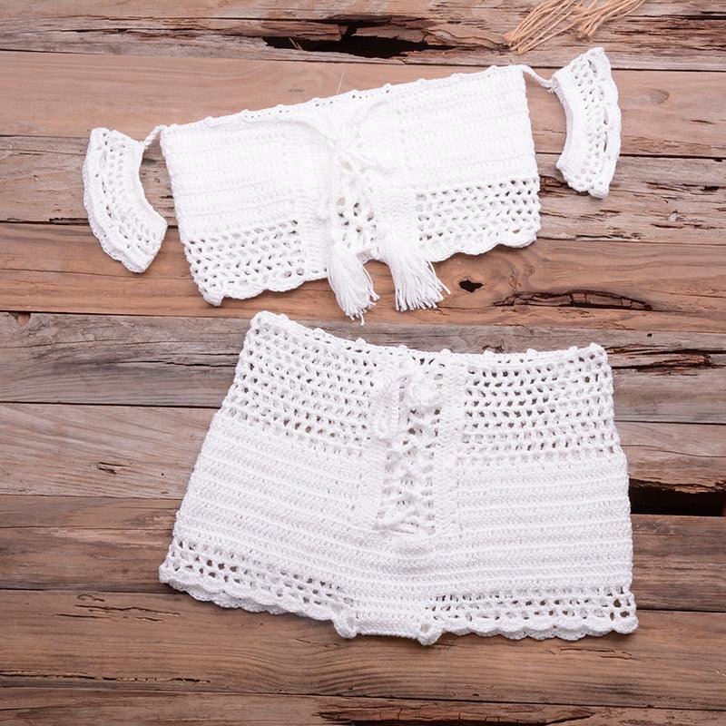 Fashion Beach Bikini Set Knitting Swimsuit Crochet Style Off Shoulder Bathing Handmade Tassels Bikini Bra Two Piece Beach Outfits For Women Crochet Tassels Hollow Out Bikini Bra Top Skirt Cover Up Dress Stevvex