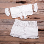 Fashion Beach Bikini Set Knitting Swimsuit Crochet Style Off Shoulder Bathing Handmade Tassels Bikini Bra Two Piece Beach Outfits For Women Crochet Tassels Hollow Out Bikini Bra Top Skirt Cover Up Dress Stevvex