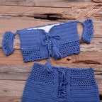 Fashion Beach Bikini Set Knitting Swimsuit Crochet Style Off Shoulder Bathing Handmade Tassels Bikini Bra Two Piece Beach Outfits For Women Crochet Tassels Hollow Out Bikini Bra Top Skirt Cover Up Dress Stevvex