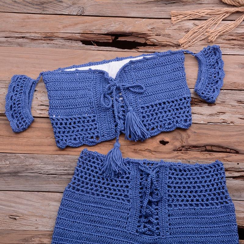 Fashion Beach Bikini Set Knitting Swimsuit Crochet Style Off Shoulder Bathing Handmade Tassels Bikini Bra Two Piece Beach Outfits For Women Crochet Tassels Hollow Out Bikini Bra Top Skirt Cover Up Dress Stevvex