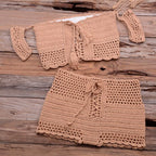 Fashion Beach Bikini Set Knitting Swimsuit Crochet Style Off Shoulder Bathing Handmade Tassels Bikini Bra Two Piece Beach Outfits For Women Crochet Tassels Hollow Out Bikini Bra Top Skirt Cover Up Dress Stevvex