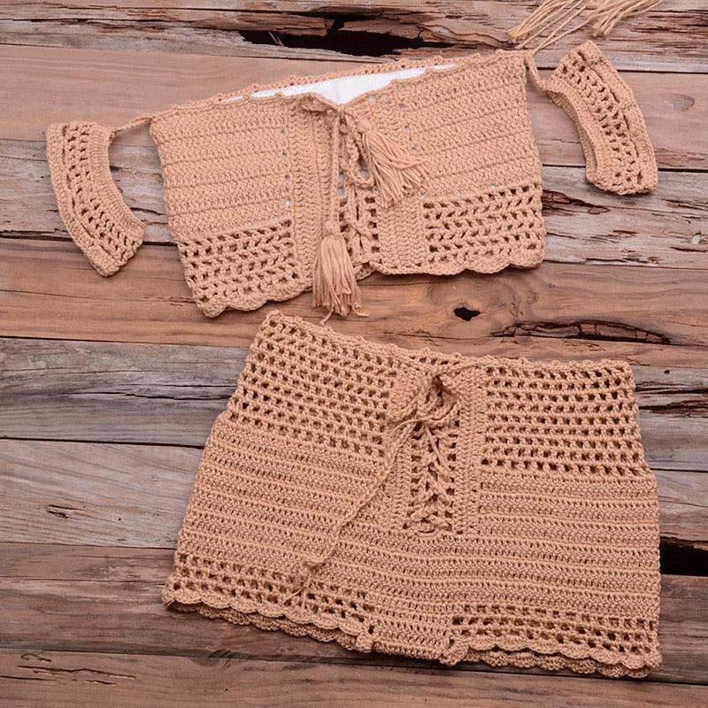 Fashion Beach Bikini Set Knitting Swimsuit Crochet Style Off Shoulder Bathing Handmade Tassels Bikini Bra Two Piece Beach Outfits For Women Crochet Tassels Hollow Out Bikini Bra Top Skirt Cover Up Dress Stevvex