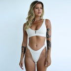 Fashion Bikini Women Two Pieces Swimsuit Button Swimwear Female Solid Bathing Suit  Women's Scoop Neck Cut Out Front Lace Up Back High Cut Swimsuit Summer Beach Wear Swimming Suit Stevvex