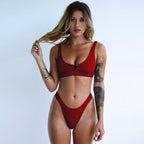 Fashion Bikini Women Two Pieces Swimsuit Button Swimwear Female Solid Bathing Suit  Women's Scoop Neck Cut Out Front Lace Up Back High Cut Swimsuit Summer Beach Wear Swimming Suit Stevvex