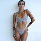 Fashion Bikini Women Two Pieces Swimsuit Button Swimwear Female Solid Bathing Suit  Women's Scoop Neck Cut Out Front Lace Up Back High Cut Swimsuit Summer Beach Wear Swimming Suit Stevvex