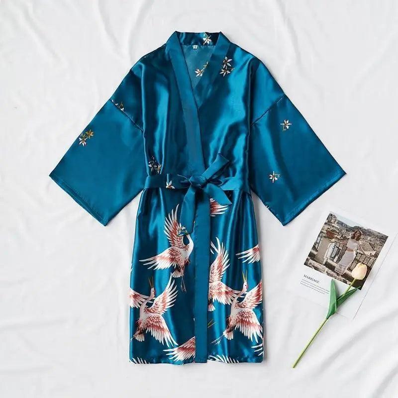 Fashion Blue Floral Bird Print Stylish Bathrobes Modern Comfortable Design Silk Soft Sleepwear For Women Stevvex