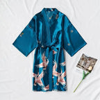 Fashion Blue Floral Bird Print Stylish Bathrobes Modern Comfortable Design Silk Soft Sleepwear For Women Stevvex