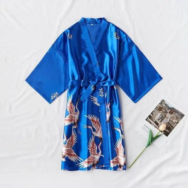 Fashion Blue Floral Bird Print Stylish Bathrobes Modern Comfortable Design Silk Soft Sleepwear For Women Stevvex