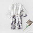 Fashion Blue Floral Bird Print Stylish Bathrobes Modern Comfortable Design Silk Soft Sleepwear For Women Stevvex