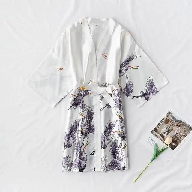 Fashion Blue Floral Bird Print Stylish Bathrobes Modern Comfortable Design Silk Soft Sleepwear For Women Stevvex