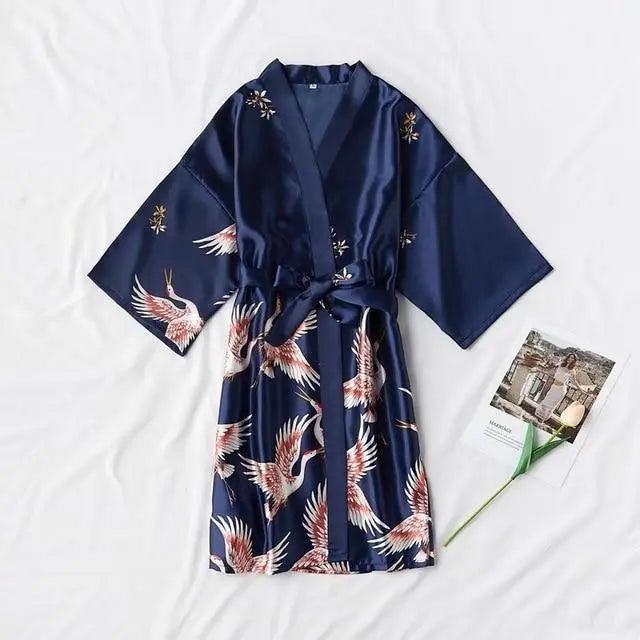 Fashion Blue Floral Bird Print Stylish Bathrobes Modern Comfortable Design Silk Soft Sleepwear For Women Stevvex