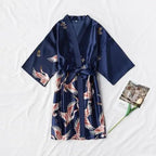 Fashion Blue Floral Bird Print Stylish Bathrobes Modern Comfortable Design Silk Soft Sleepwear For Women Stevvex