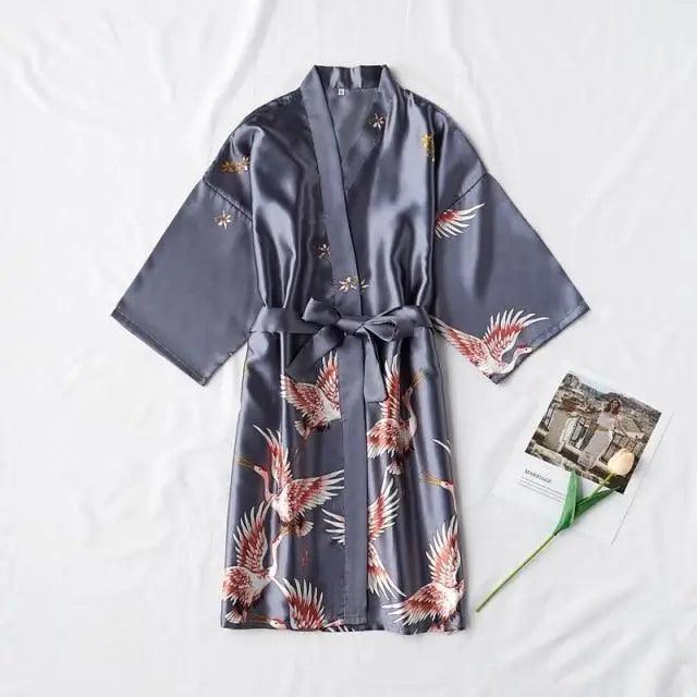 Fashion Blue Floral Bird Print Stylish Bathrobes Modern Comfortable Design Silk Soft Sleepwear For Women Stevvex
