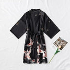Fashion Blue Floral Bird Print Stylish Bathrobes Modern Comfortable Design Silk Soft Sleepwear For Women Stevvex