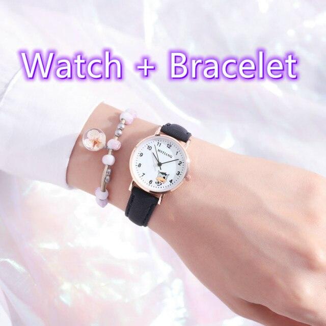 Fashion Childrens Set Bracelet Watch Student Watch Girl Leather Strap Quartz Watch Leather Strap Quartz Watch Children Set Bracelet Watch Leather Band Luxury Quartz Wristwatch Stevvex