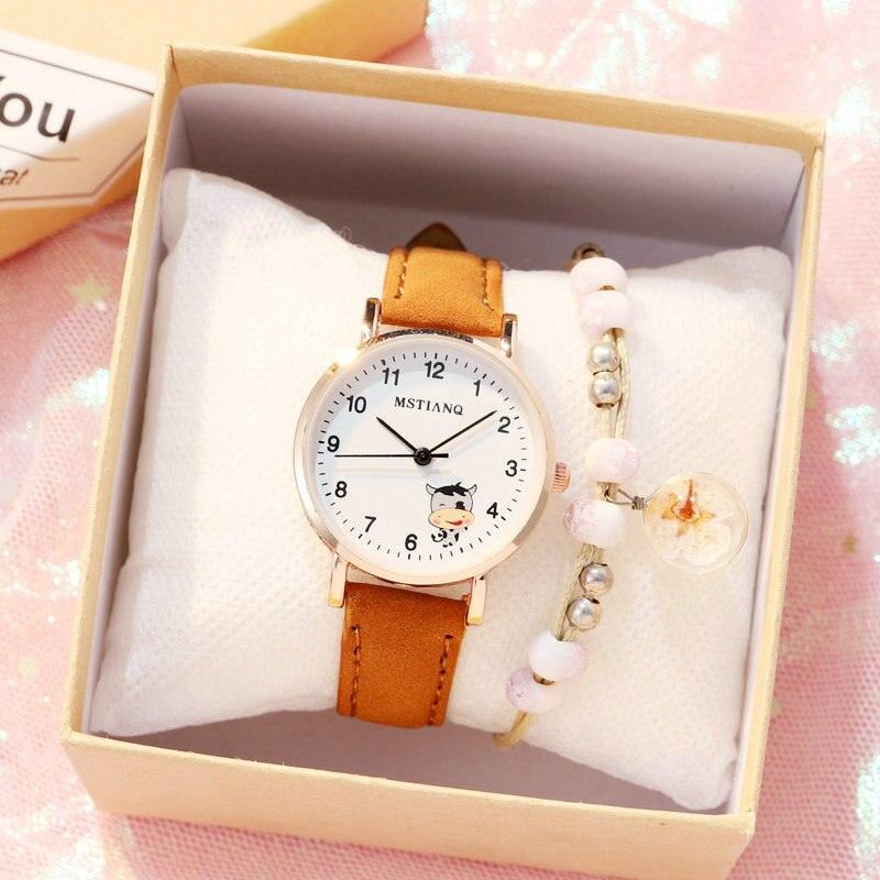 Fashion Childrens Set Bracelet Watch Student Watch Girl Leather Strap Quartz Watch Leather Strap Quartz Watch Children Set Bracelet Watch Leather Band Luxury Quartz Wristwatch Stevvex