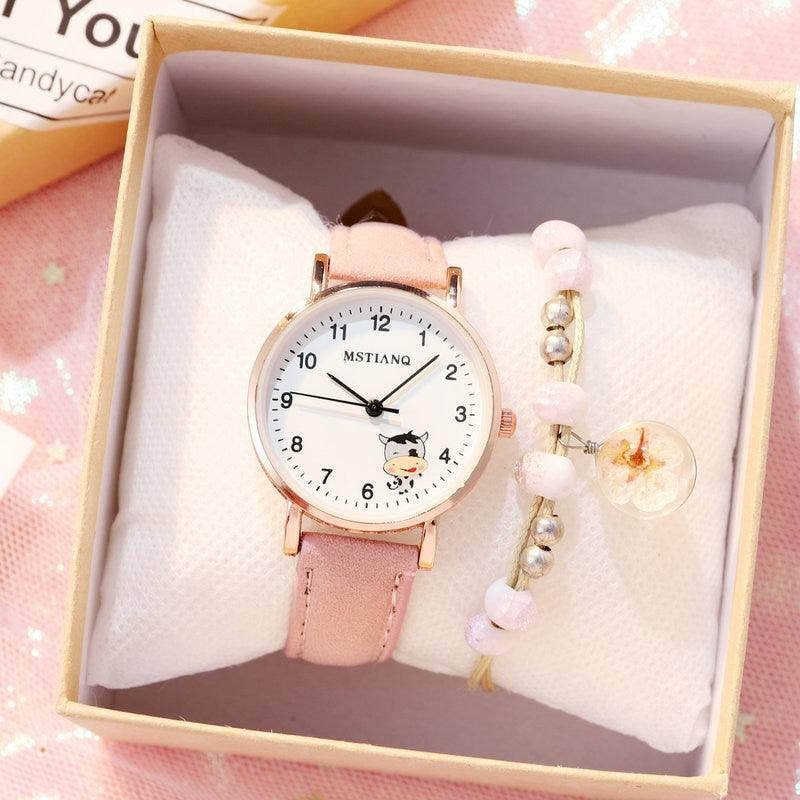 Fashion Childrens Set Bracelet Watch Student Watch Girl Leather Strap Quartz Watch Leather Strap Quartz Watch Children Set Bracelet Watch Leather Band Luxury Quartz Wristwatch Stevvex