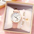 Fashion Childrens Set Bracelet Watch Student Watch Girl Leather Strap Quartz Watch Leather Strap Quartz Watch Children Set Bracelet Watch Leather Band Luxury Quartz Wristwatch Stevvex