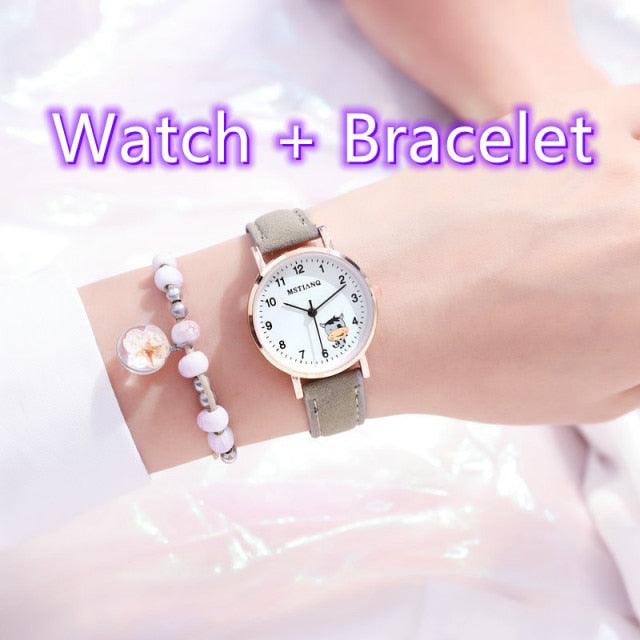 Fashion Childrens Set Bracelet Watch Student Watch Girl Leather Strap Quartz Watch Leather Strap Quartz Watch Children Set Bracelet Watch Leather Band Luxury Quartz Wristwatch Stevvex