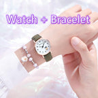 Fashion Childrens Set Bracelet Watch Student Watch Girl Leather Strap Quartz Watch Leather Strap Quartz Watch Children Set Bracelet Watch Leather Band Luxury Quartz Wristwatch Stevvex