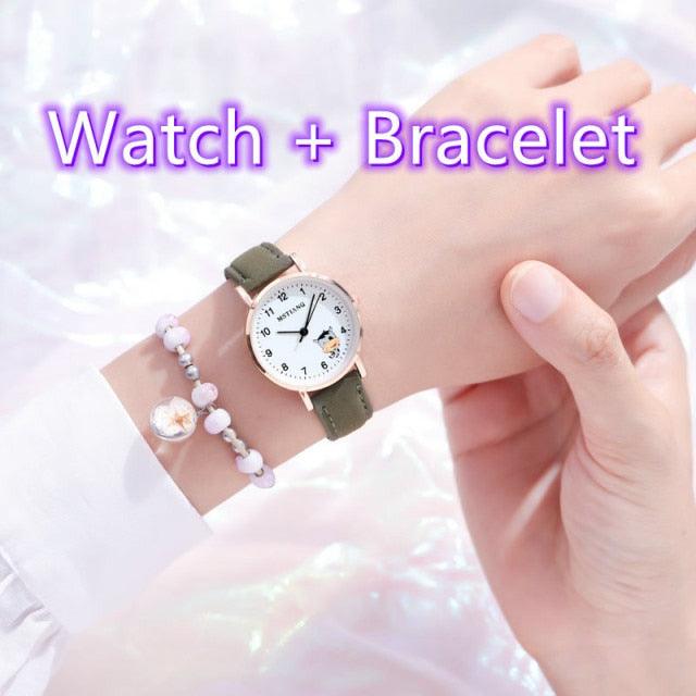 Fashion Childrens Set Bracelet Watch Student Watch Girl Leather Strap Quartz Watch Leather Strap Quartz Watch Children Set Bracelet Watch Leather Band Luxury Quartz Wristwatch Stevvex