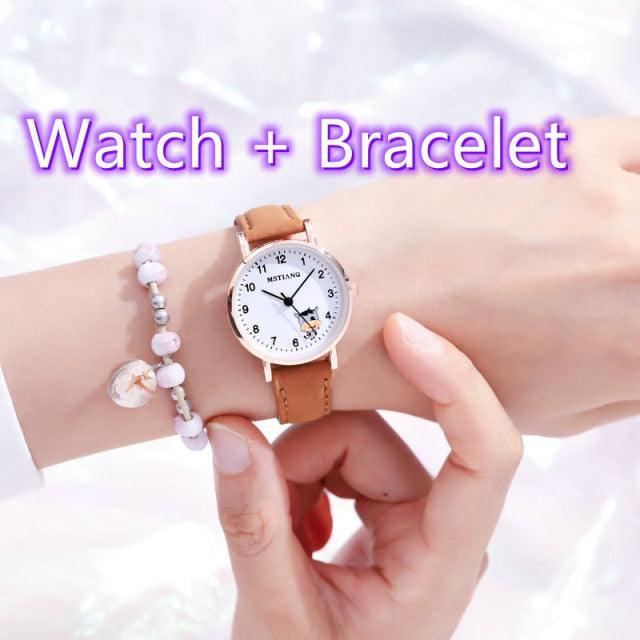 Fashion Childrens Set Bracelet Watch Student Watch Girl Leather Strap Quartz Watch Leather Strap Quartz Watch Children Set Bracelet Watch Leather Band Luxury Quartz Wristwatch Stevvex