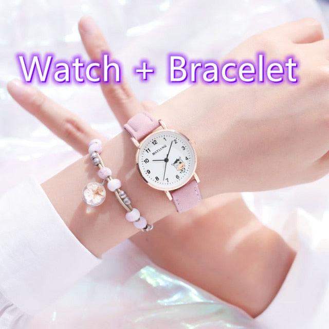 Fashion Childrens Set Bracelet Watch Student Watch Girl Leather Strap Quartz Watch Leather Strap Quartz Watch Children Set Bracelet Watch Leather Band Luxury Quartz Wristwatch Stevvex