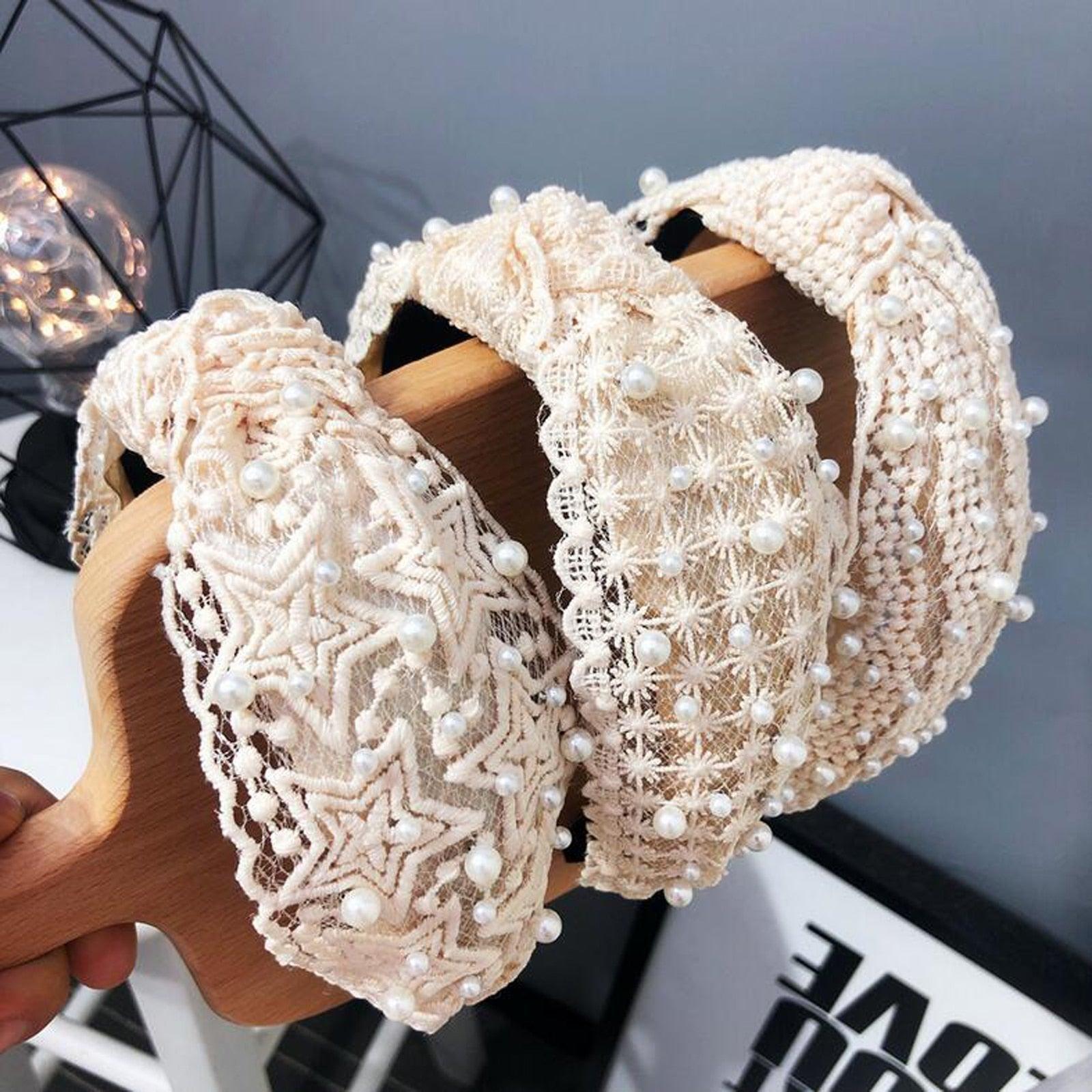 Fashion Girls Pearl Hairband White Black Lace Headband Women Artificial Pearls Hair Hoop Middle Knot Hair Accessories Gorgeous Hair Accessories For Women Stevvex