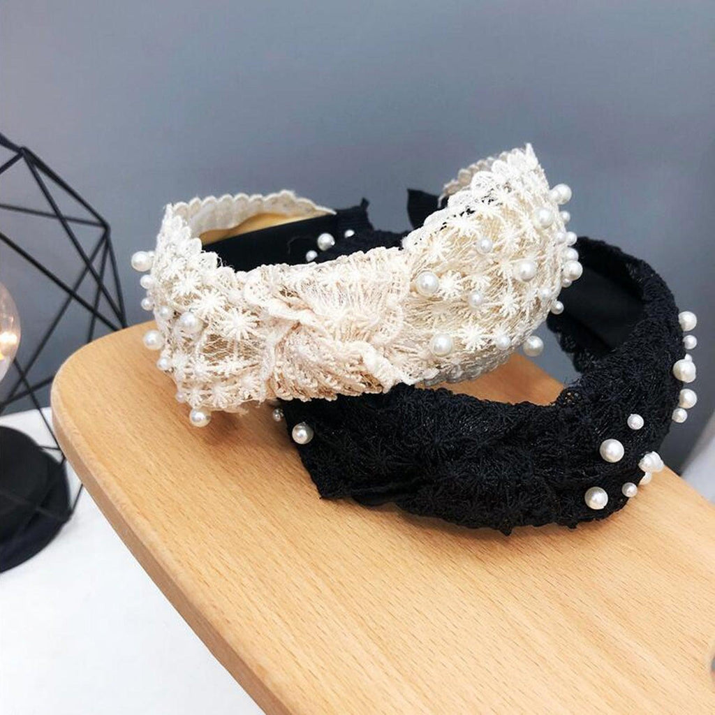Fashion Girls Pearl Hairband White Black Lace Headband Women Artificial Pearls Hair Hoop Middle Knot Hair Accessories Gorgeous Hair Accessories For Women Stevvex