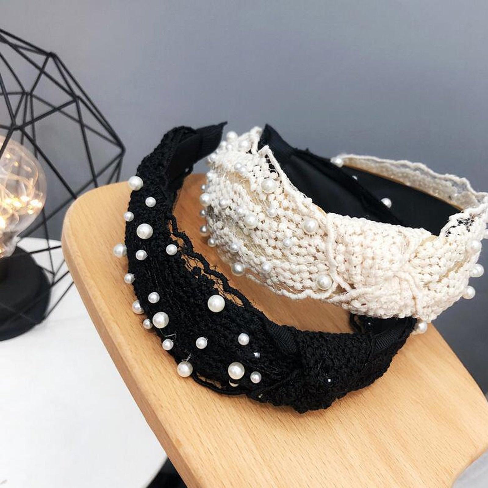 Fashion Girls Pearl Hairband White Black Lace Headband Women Artificial Pearls Hair Hoop Middle Knot Hair Accessories Gorgeous Hair Accessories For Women Stevvex