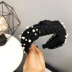 Fashion Girls Pearl Hairband White Black Lace Headband Women Artificial Pearls Hair Hoop Middle Knot Hair Accessories Gorgeous Hair Accessories For Women Stevvex
