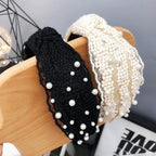 Fashion Girls Pearl Hairband White Black Lace Headband Women Artificial Pearls Hair Hoop Middle Knot Hair Accessories Gorgeous Hair Accessories For Women Stevvex