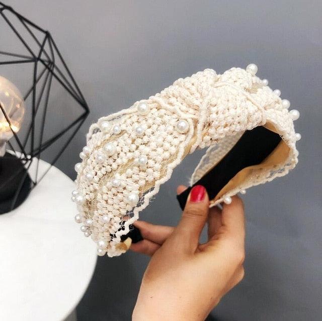 Fashion Girls Pearl Hairband White Black Lace Headband Women Artificial Pearls Hair Hoop Middle Knot Hair Accessories Gorgeous Hair Accessories For Women Stevvex