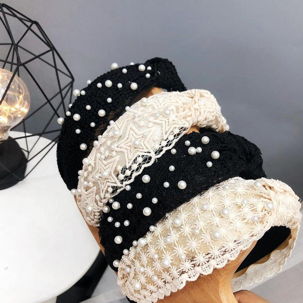 Fashion Girls Pearl Hairband White Black Lace Headband Women Artificial Pearls Hair Hoop Middle Knot Hair Accessories Gorgeous Hair Accessories For Women Stevvex