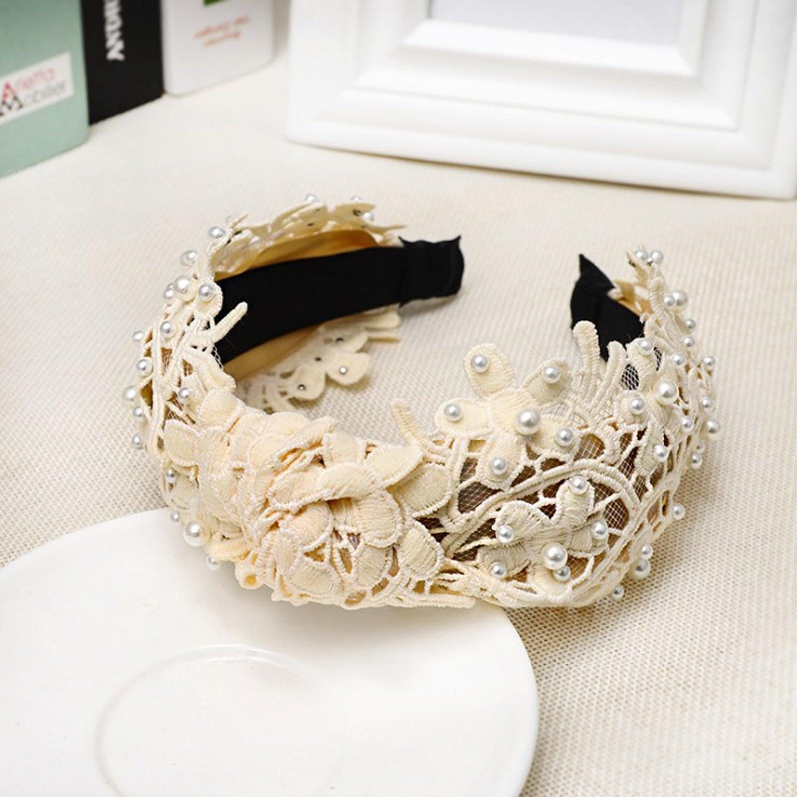 Fashion Girls Pearl Hairband White Black Lace Headband Women Artificial Pearls Hair Hoop Middle Knot Hair Accessories Gorgeous Hair Accessories For Women Stevvex