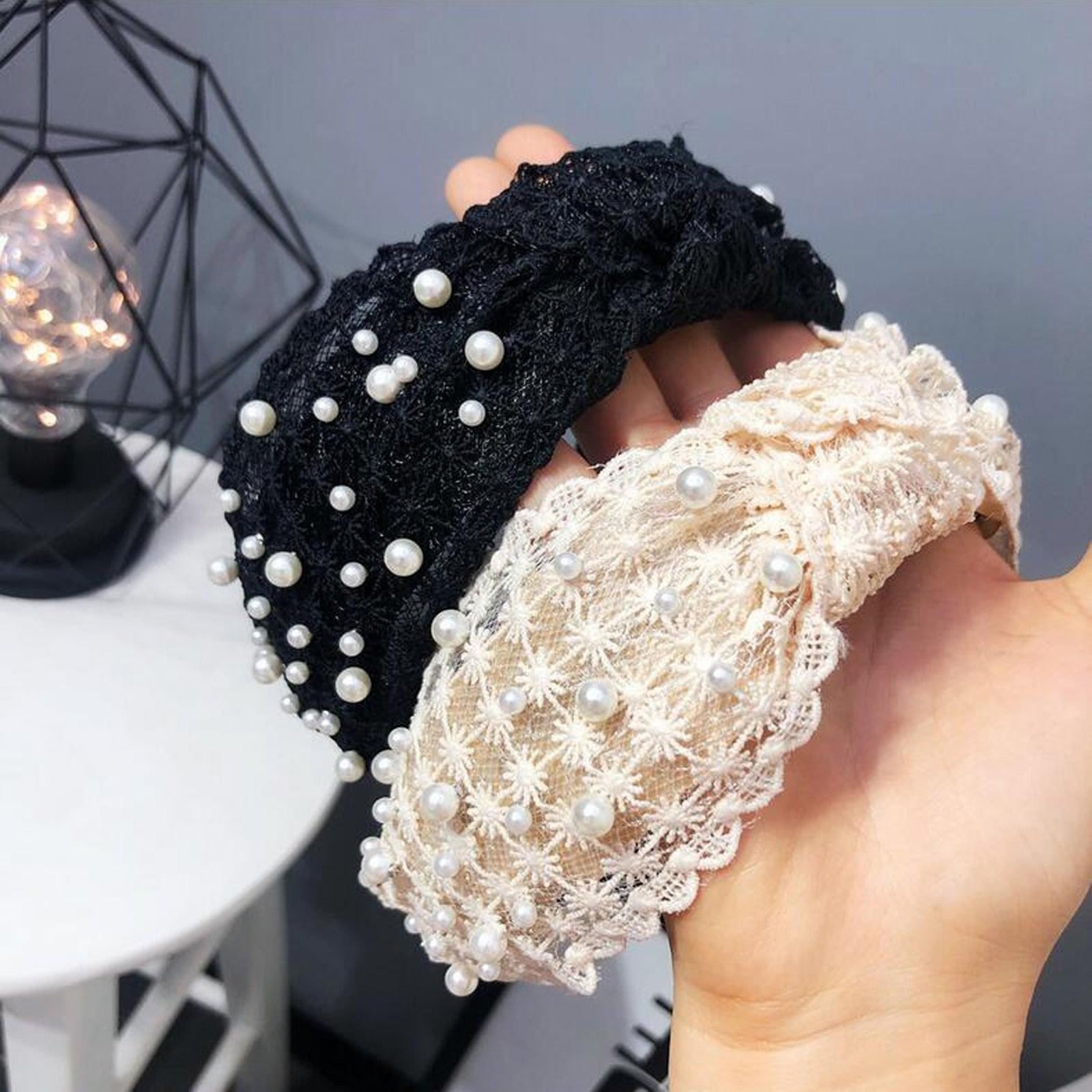 Fashion Girls Pearl Hairband White Black Lace Headband Women Artificial Pearls Hair Hoop Middle Knot Hair Accessories Gorgeous Hair Accessories For Women Stevvex