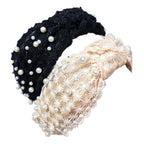 Fashion Girls Pearl Hairband White Black Lace Headband Women Artificial Pearls Hair Hoop Middle Knot Hair Accessories Gorgeous Hair Accessories For Women Stevvex