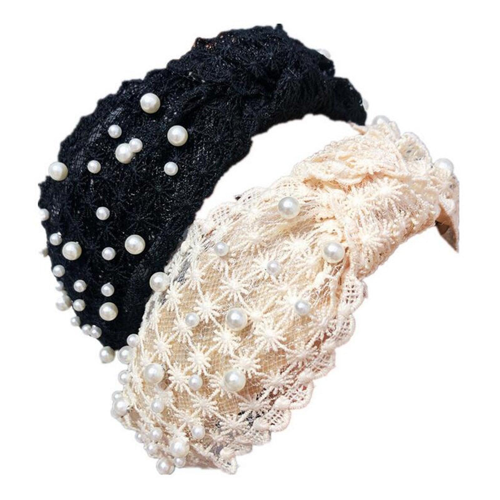 Fashion Girls Pearl Hairband White Black Lace Headband Women Artificial Pearls Hair Hoop Middle Knot Hair Accessories Gorgeous Hair Accessories For Women Stevvex