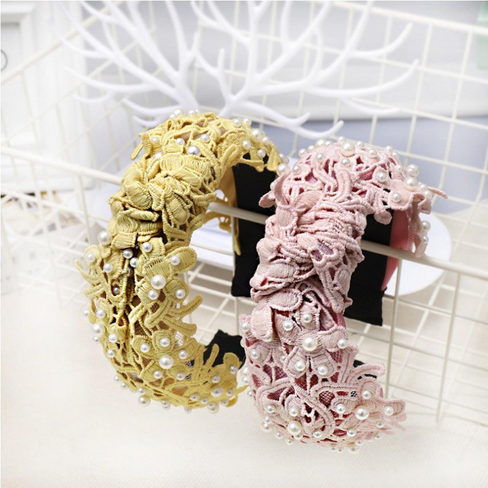 Fashion Girls Pearl Hairband White Black Lace Headband Women Artificial Pearls Hair Hoop Middle Knot Hair Accessories Gorgeous Hair Accessories For Women Stevvex