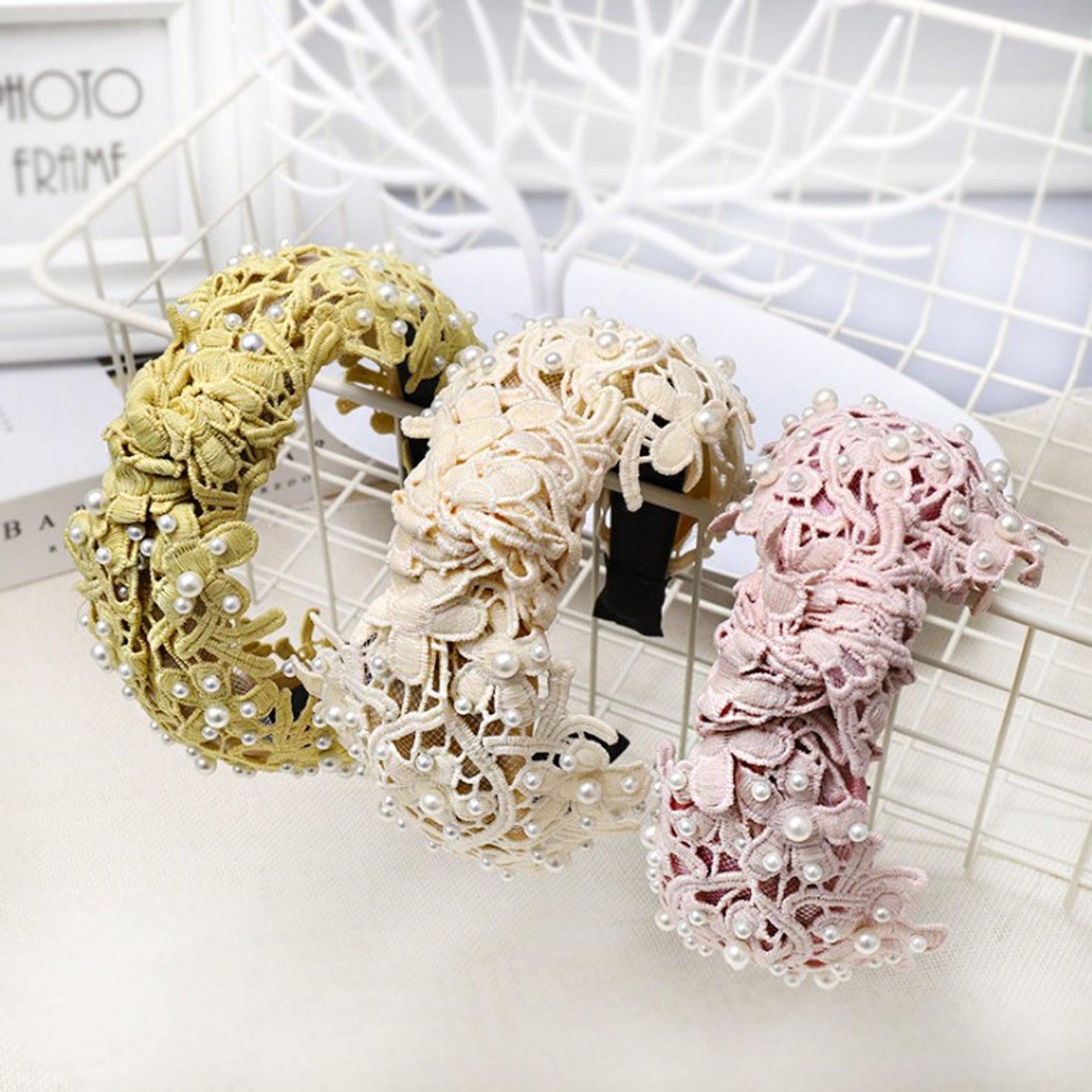 Fashion Girls Pearl Hairband White Black Lace Headband Women Artificial Pearls Hair Hoop Middle Knot Hair Accessories Gorgeous Hair Accessories For Women Stevvex