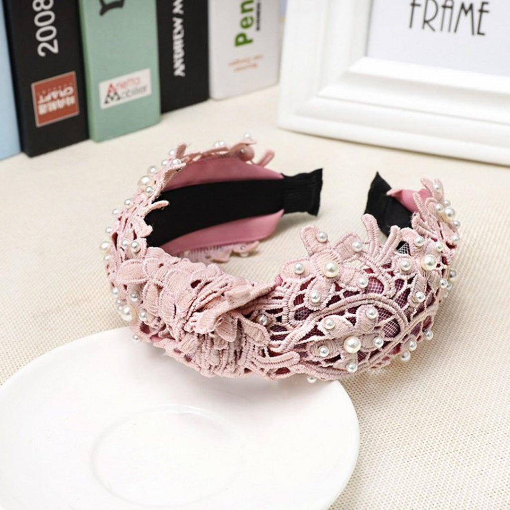 Fashion Girls Pearl Hairband White Black Lace Headband Women Artificial Pearls Hair Hoop Middle Knot Hair Accessories Gorgeous Hair Accessories For Women Stevvex