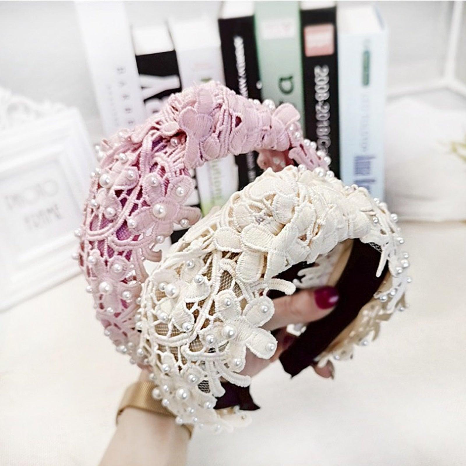 Fashion Girls Pearl Hairband White Black Lace Headband Women Artificial Pearls Hair Hoop Middle Knot Hair Accessories Gorgeous Hair Accessories For Women Stevvex
