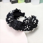 Fashion Girls Pearl Hairband White Black Lace Headband Women Artificial Pearls Hair Hoop Middle Knot Hair Accessories Gorgeous Hair Accessories For Women Stevvex
