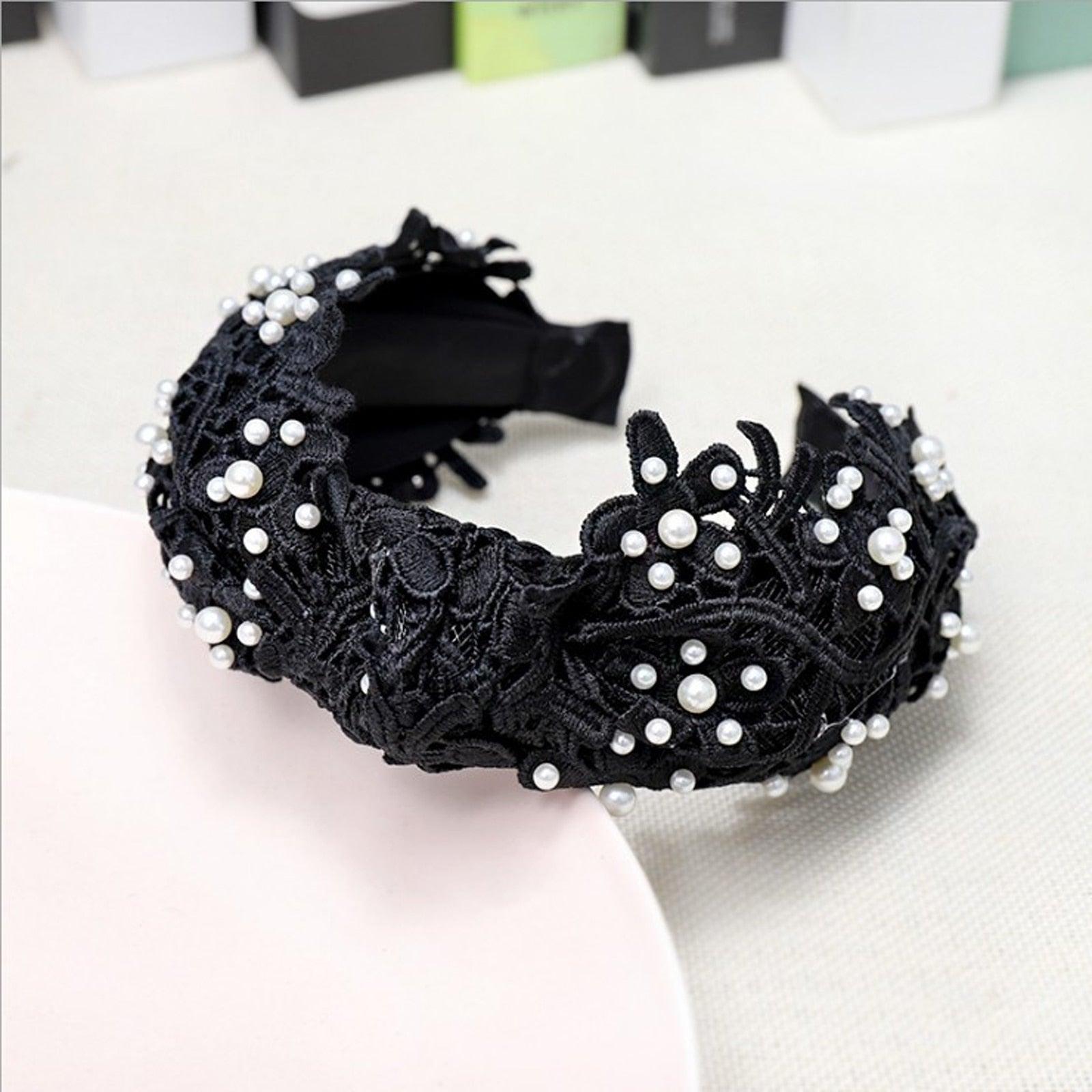 Fashion Girls Pearl Hairband White Black Lace Headband Women Artificial Pearls Hair Hoop Middle Knot Hair Accessories Gorgeous Hair Accessories For Women Stevvex