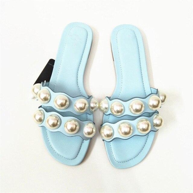 Fashion Party Dresses Shoes Pearl Sandals Flat Women Flip Flops Casual Beach Flat Slippers Dressy Flat Sandals With Pearls Slip On Summer Beach Bridal Shoes Stevvex